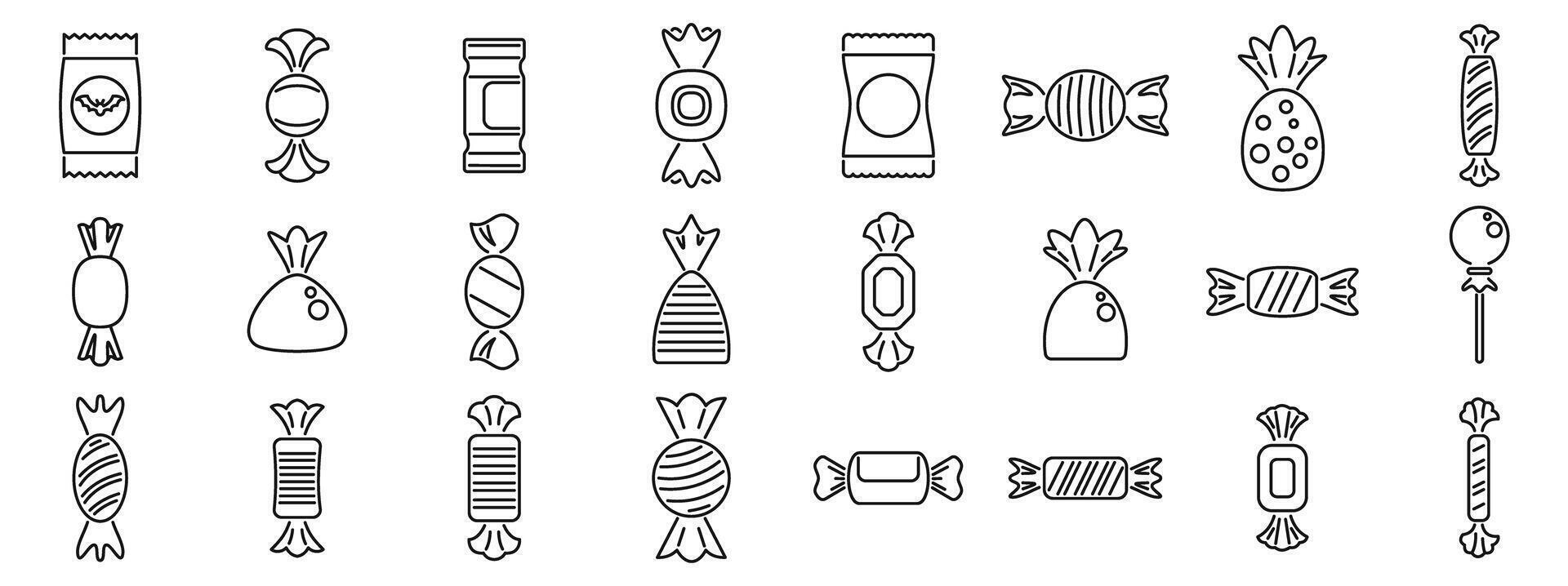 Candy wrappers icons set. Big set of candy and caramel icons showing different types of sweets vector