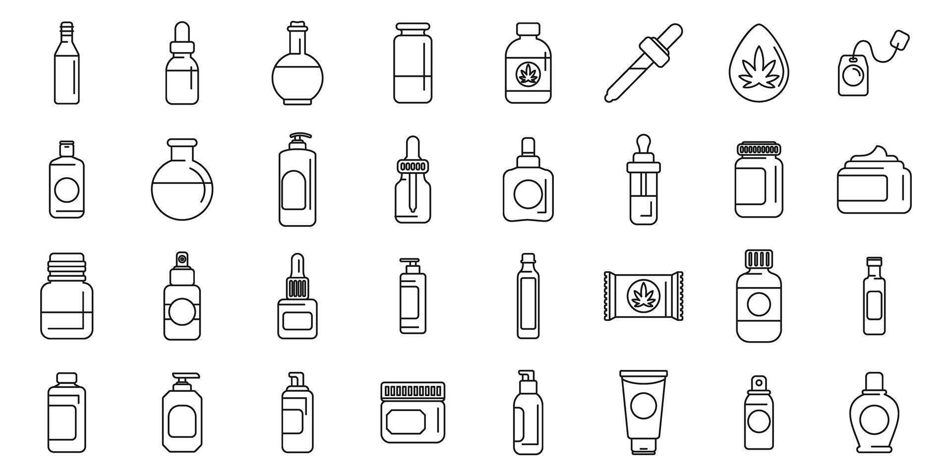 Hemp cannabinoid extract icons set. Cbd oil product bottles and packages showing different dispensing methods vector
