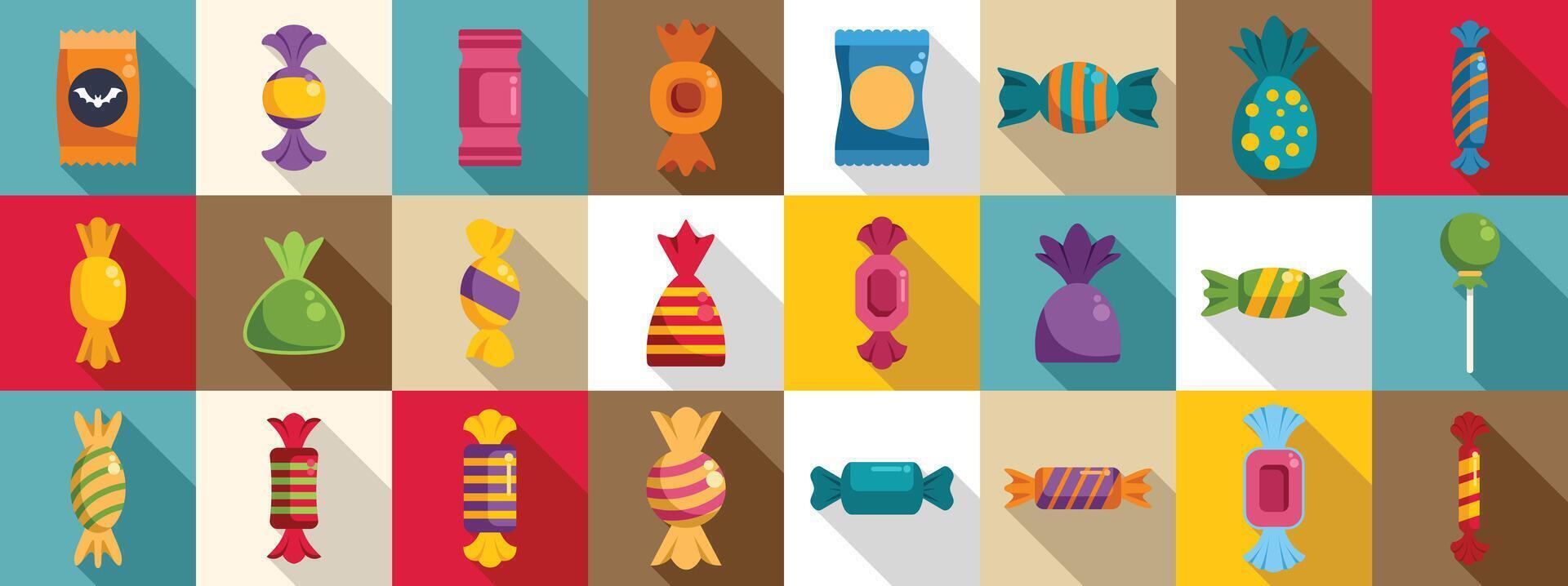 Candy wrappers icons set. Colorful wrapped candies and sweets icons set featuring various shapes and flavors vector
