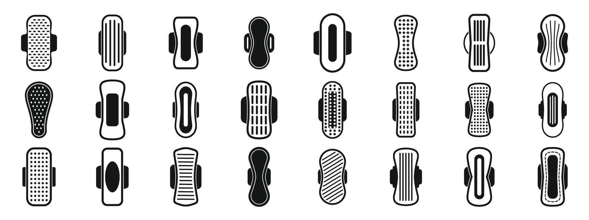 Sanitary napkins icons set. Sanitary pads icons showing different absorbencies and shapes for feminine hygiene vector