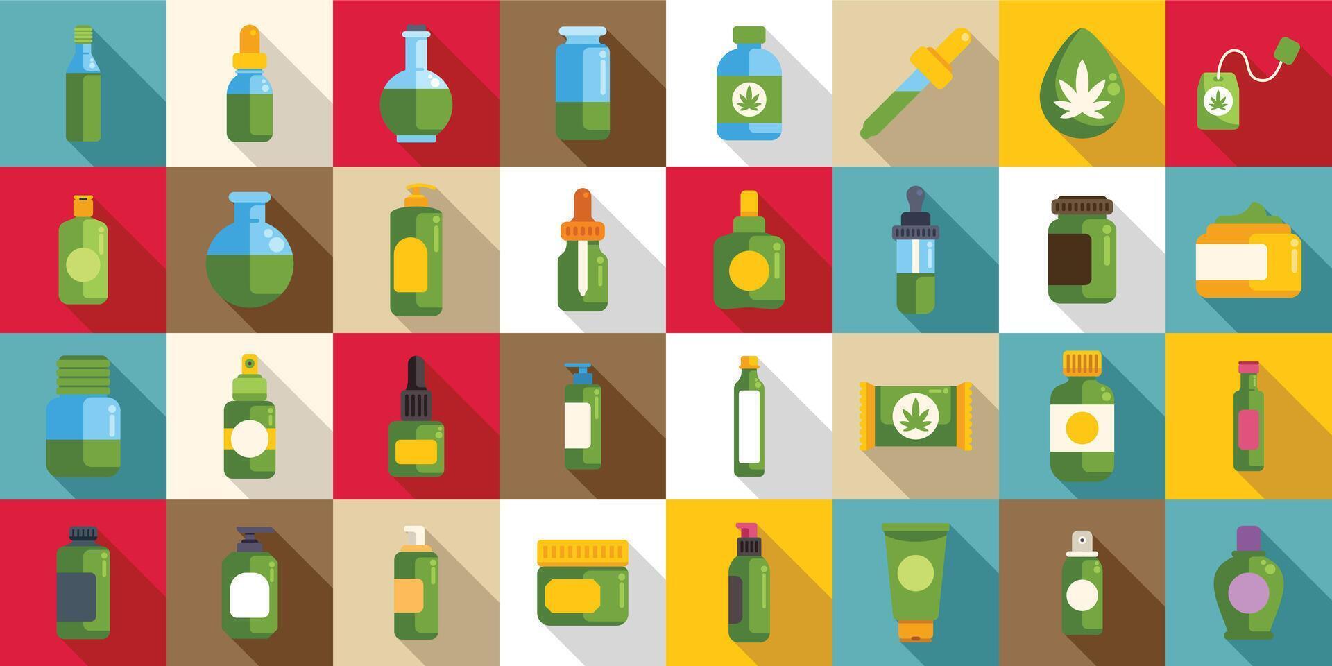 Hemp cannabinoid extract icons set. Various cannabis products showing growing cbd industry vector