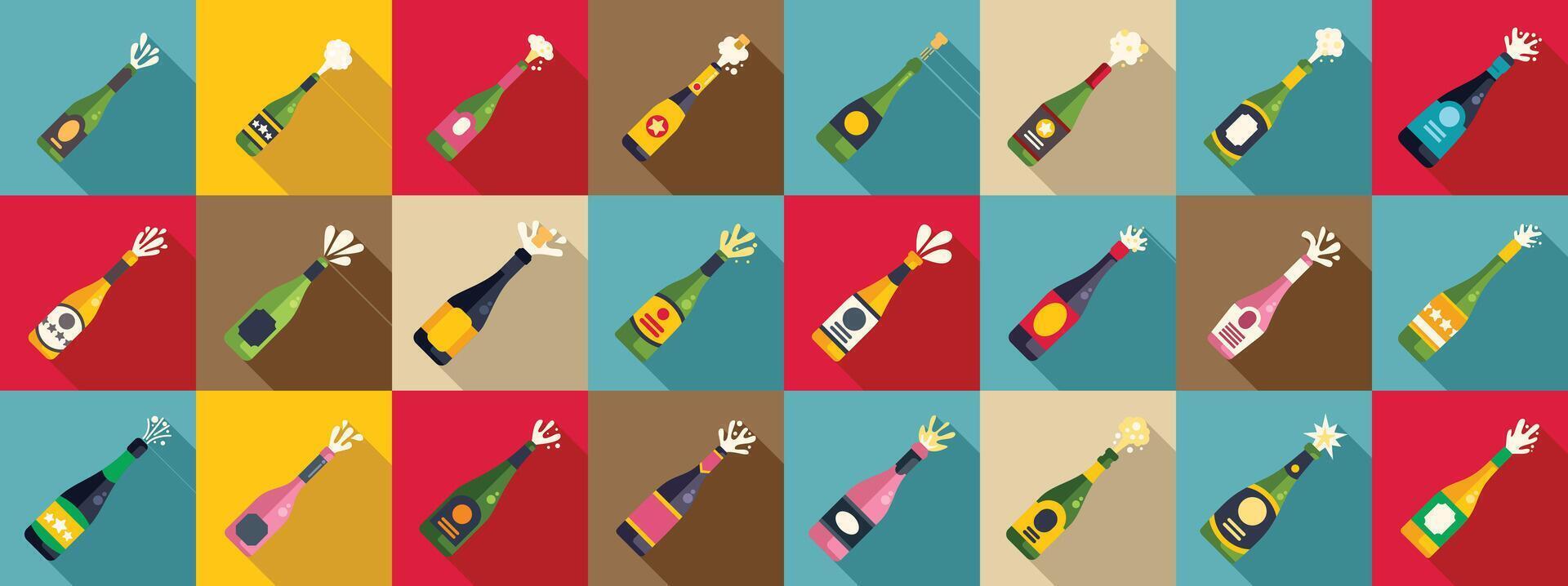 Champagne explosion icons set. Sparkling wine bottles popping open with colorful backgrounds vector