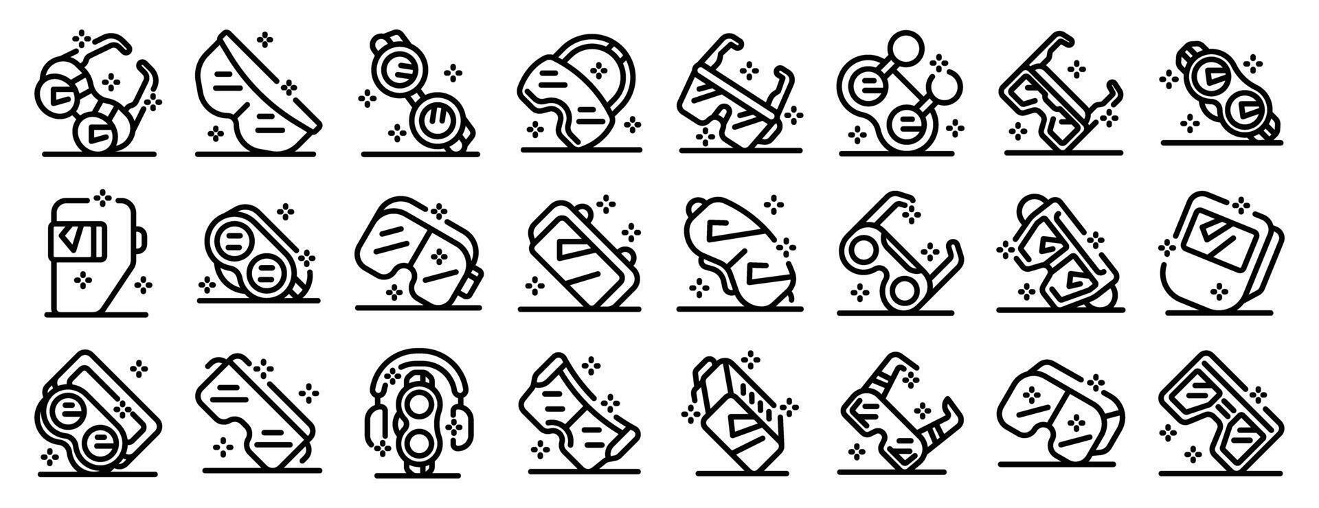 Welding glasses icons set. Protective eyewear icons showing goggles and safety glasses for various activities vector