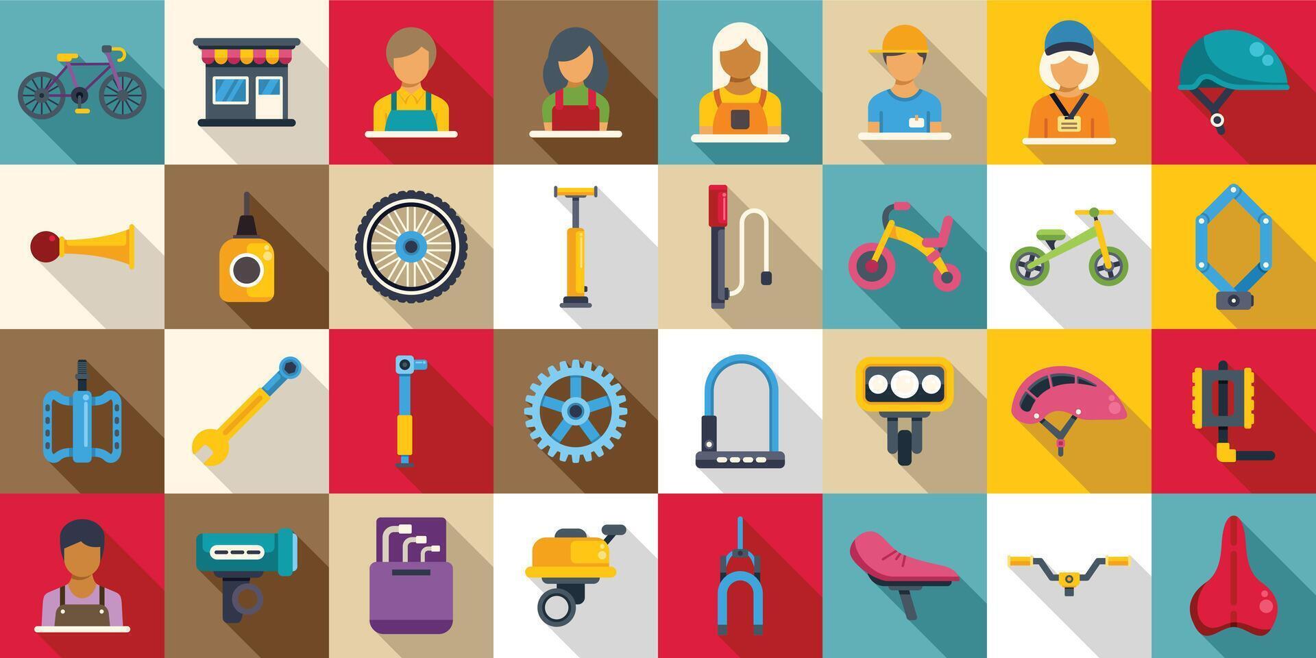 Bicycle store icons set. Bicycle shop and repair service icons showing mechanics, parts, and accessories vector
