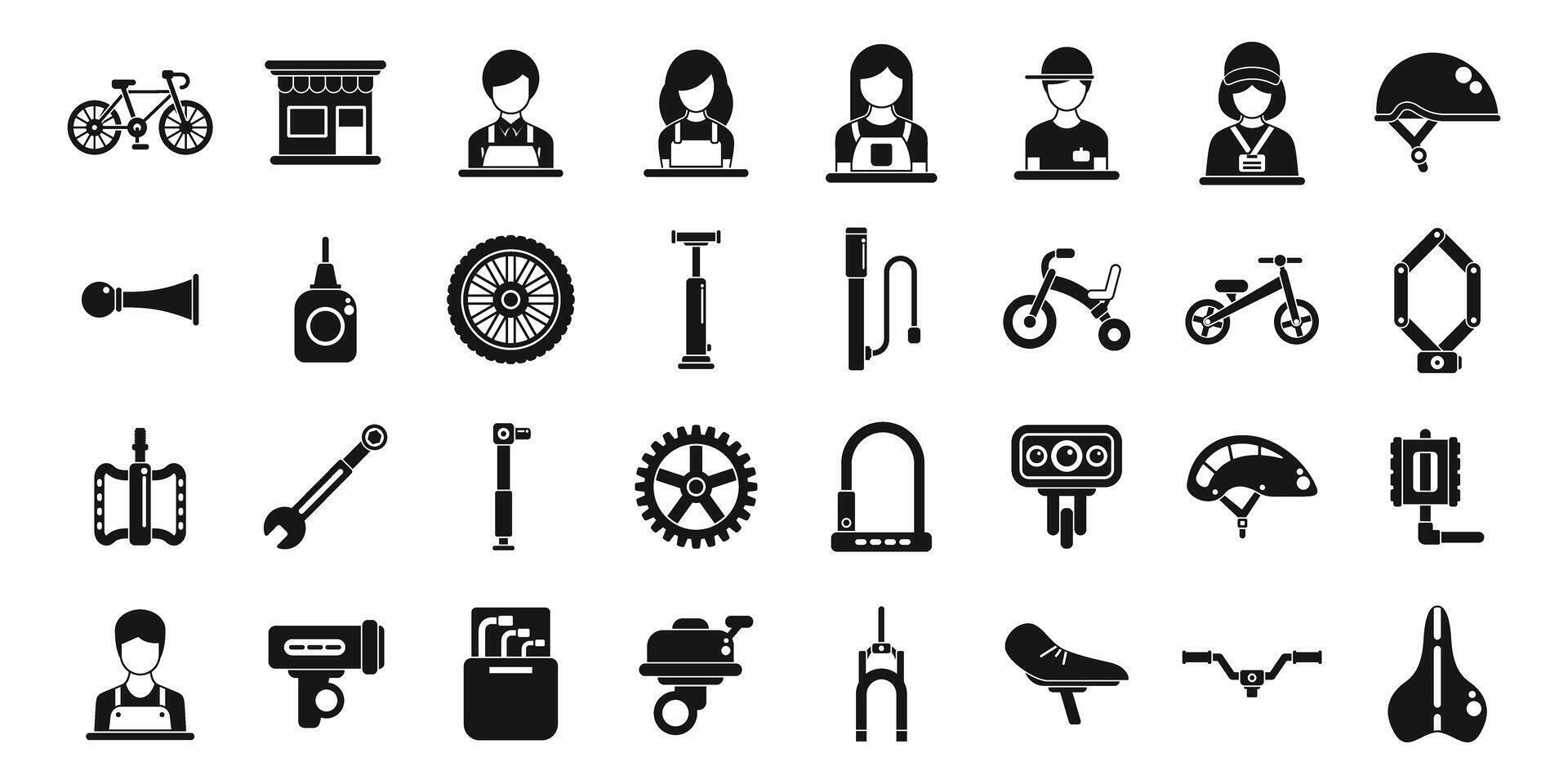 Bicycle store icons set. Bicycle repair shop icons showing mechanics fixing bikes and selling gear vector