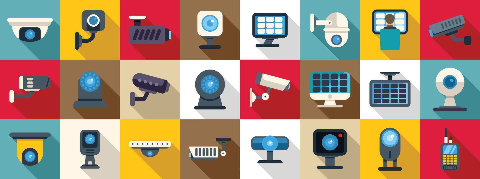 surveillance system icons set. Security cameras and surveillance systems protecting homes and businesses vector