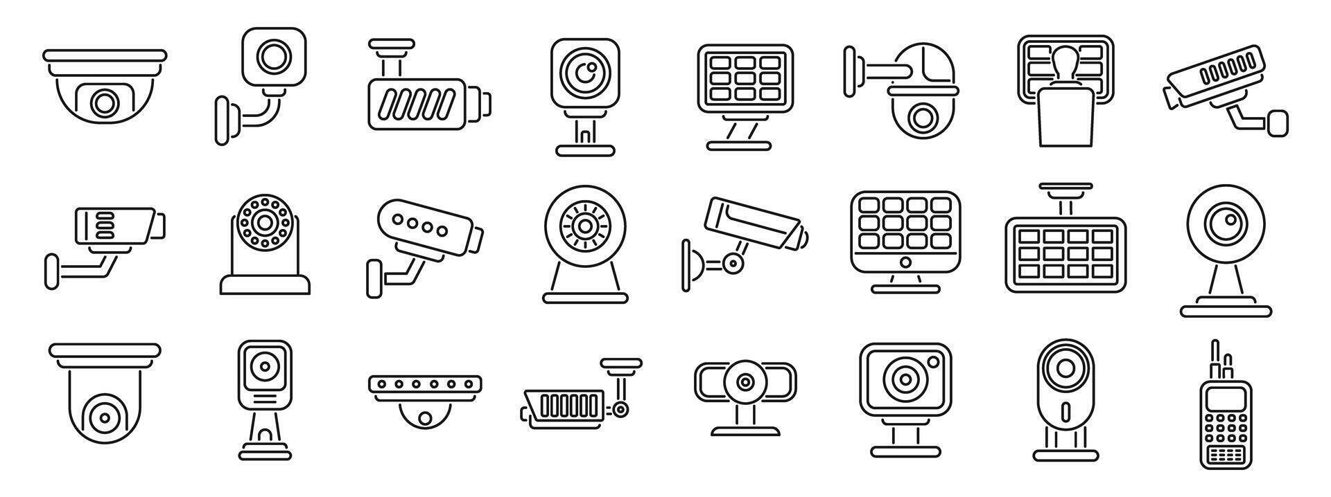 surveillance system icons set. Security cameras protecting homes and businesses, ensuring safety and surveillance vector