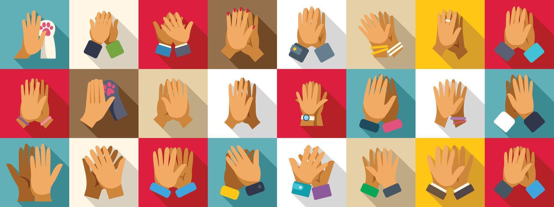 Giving high five icons set. Many hands clapping showing support, agreement, and congratulations vector