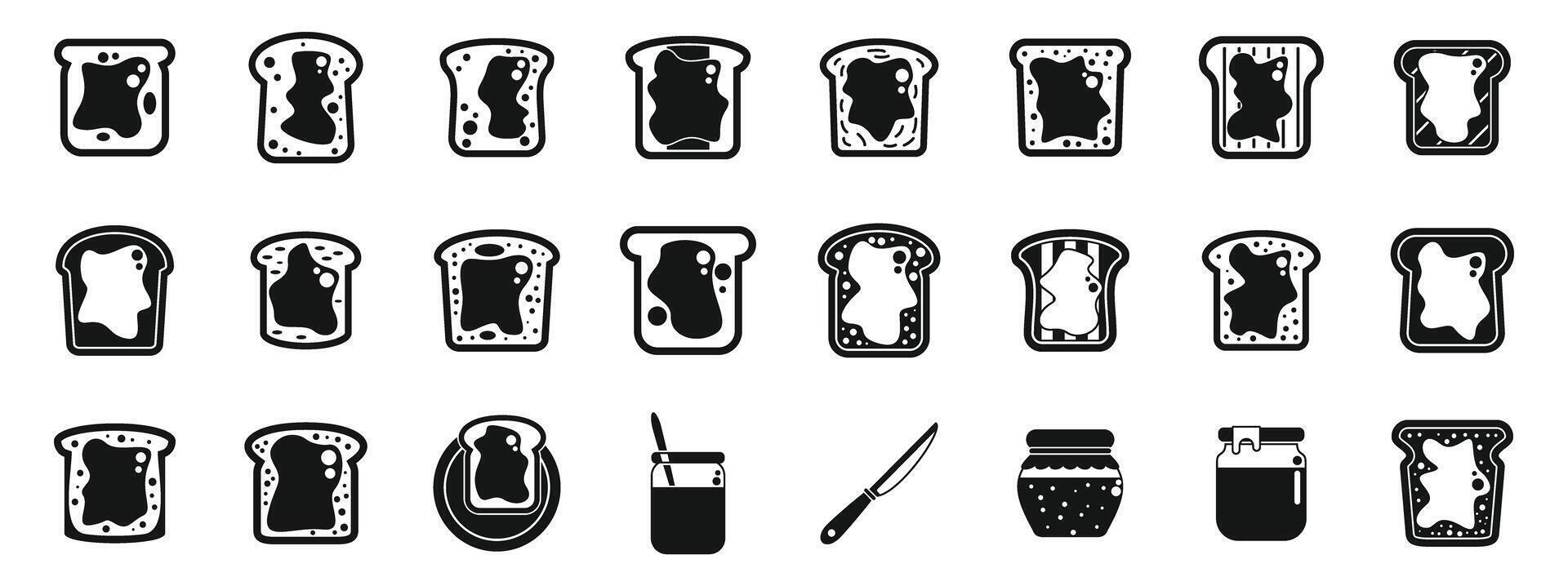 Jam toast icons set. Toast with jam or marmalade and jar with knife icons set vector