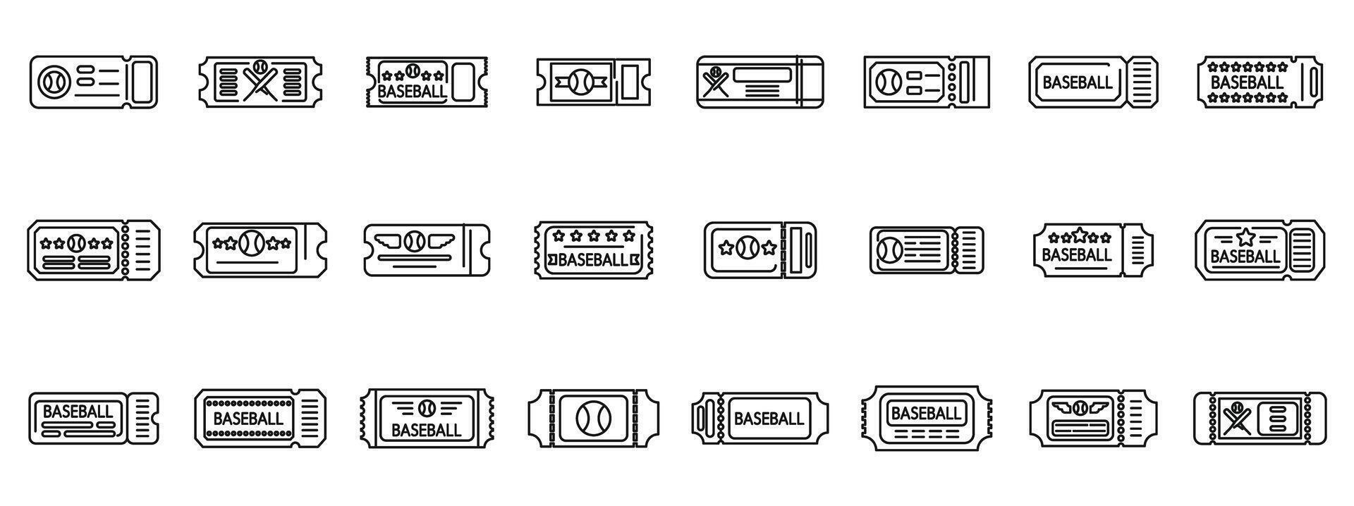 Ticket baseball icons set. Set of baseball tickets showing access and entry to stadium or arena for sporting event vector