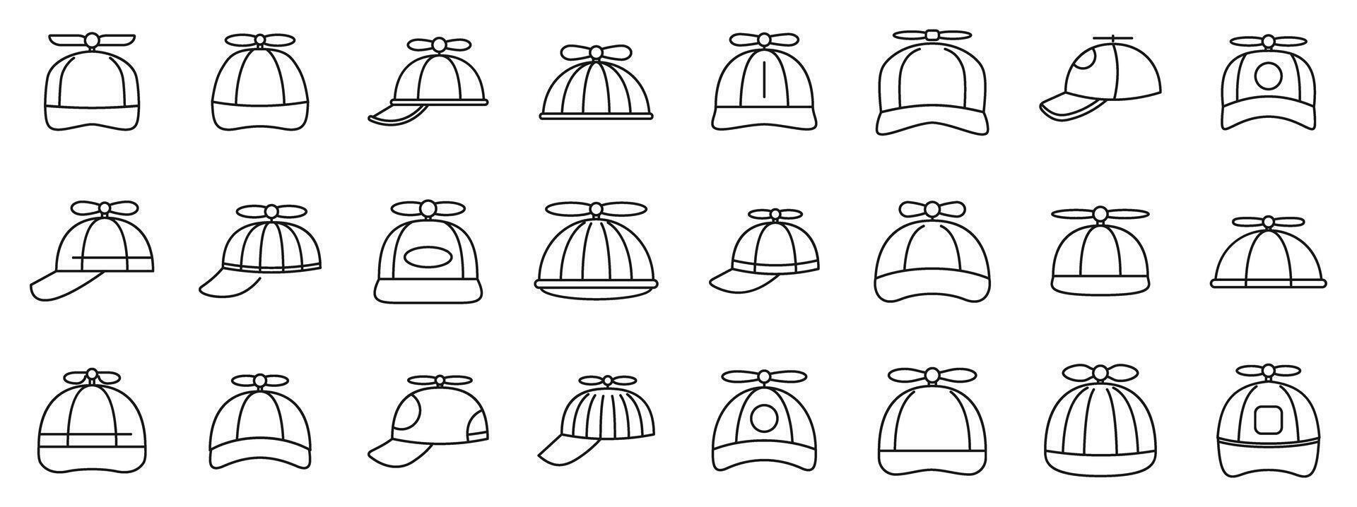 Cap propeller icons set. Set of simple propeller hats icons showing different styles and perspectives, celebrating playful headwear vector