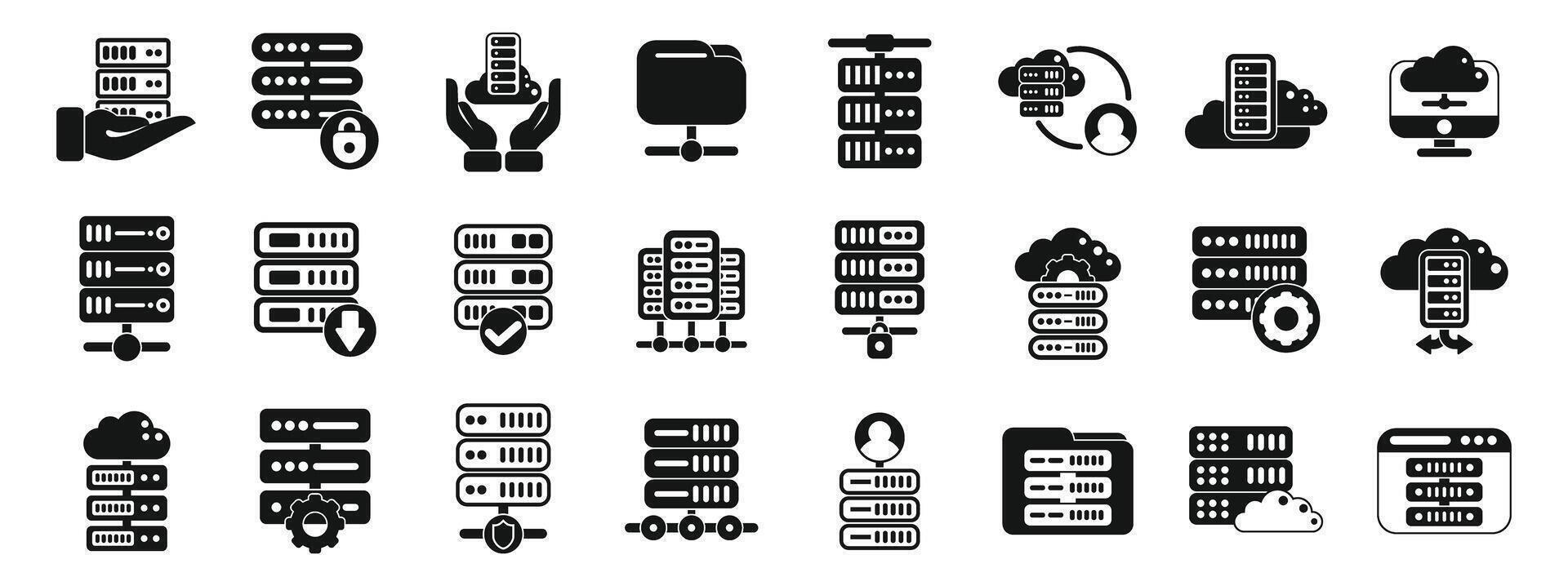 Dedicated server icons set. Data center icons showing cloud computing and server management vector