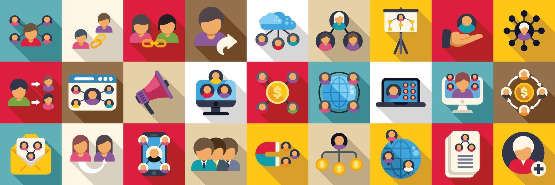 Referral network icons set. Affiliate marketing icons representing referrals, networking, and multi level marketing strategies vector
