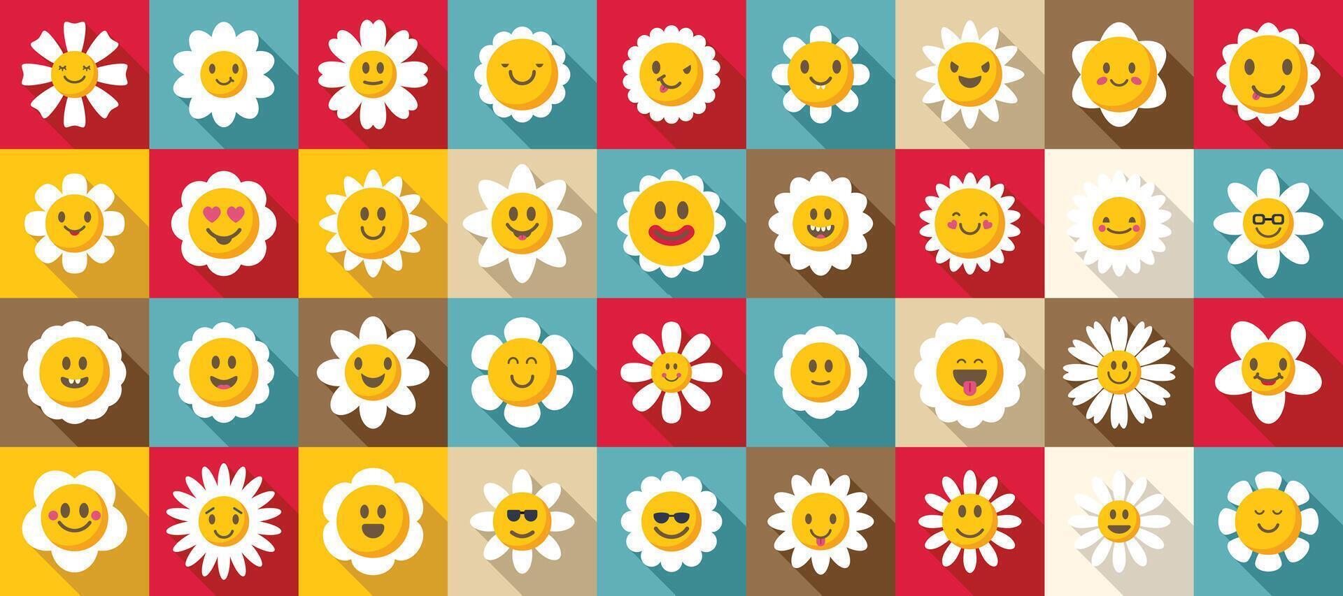 Chamomile smile icons set. Cute daisy flower character showing various emotions icons set vector