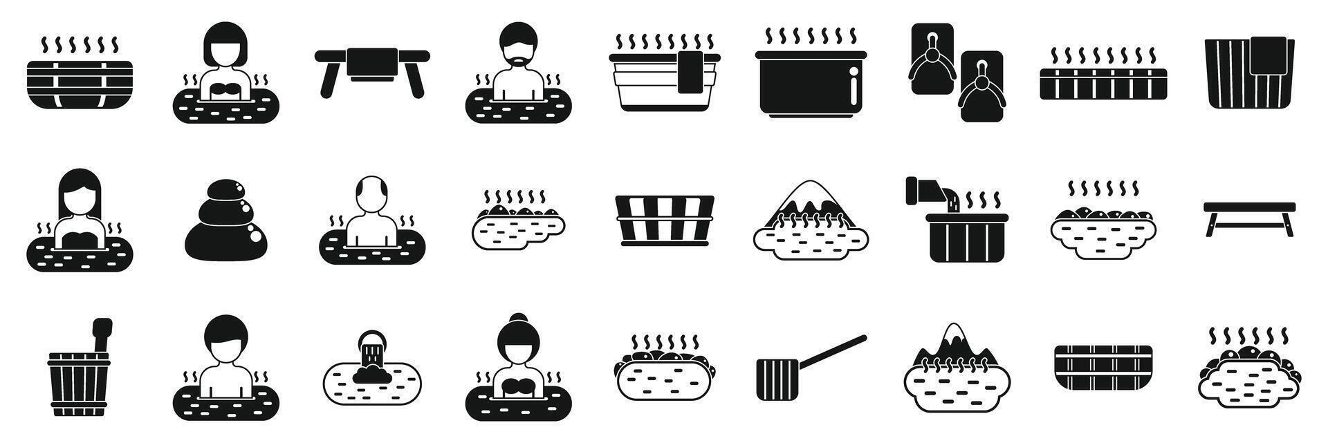 Japanese onsen icons set. People relaxing in hot springs, onsen and spa, enjoying geothermal bathing experience vector