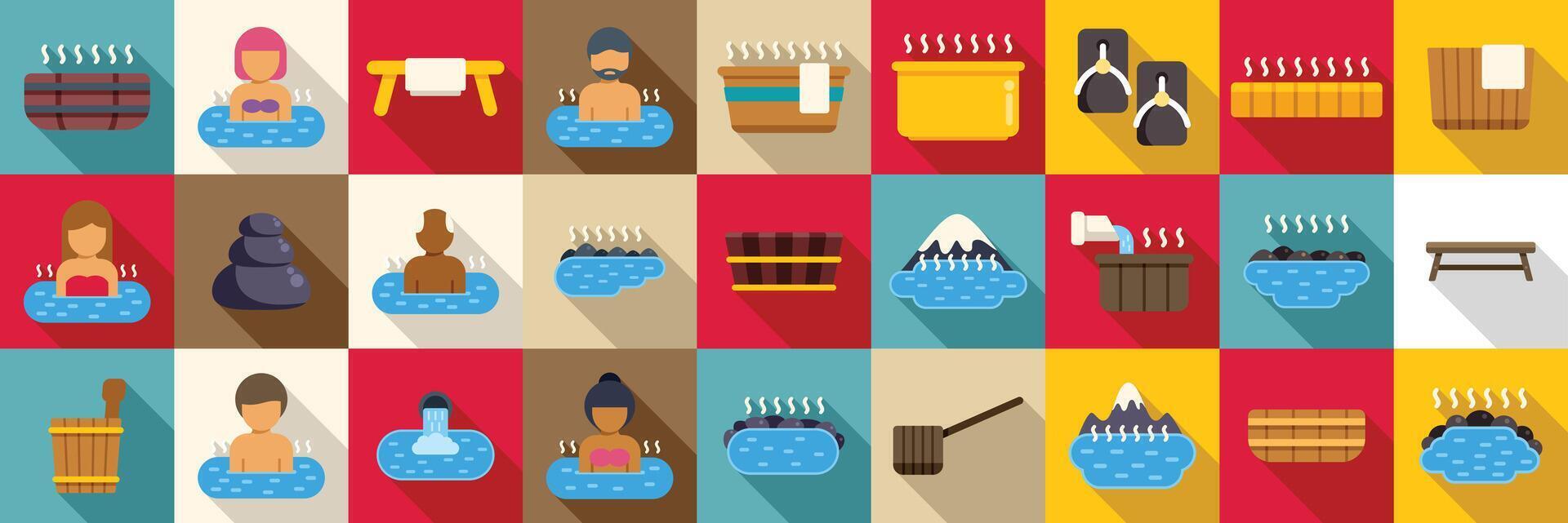 Japanese onsen icons set. People relaxing in hot springs, onsen, and spa, enjoying wellness and sauna experience vector