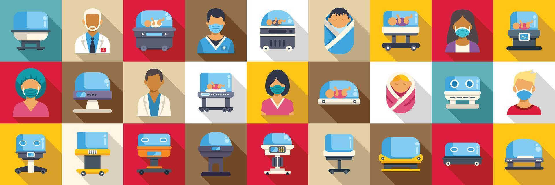 Incubator baby icons set. Doctors and nurses caring for newborn babies in incubators vector