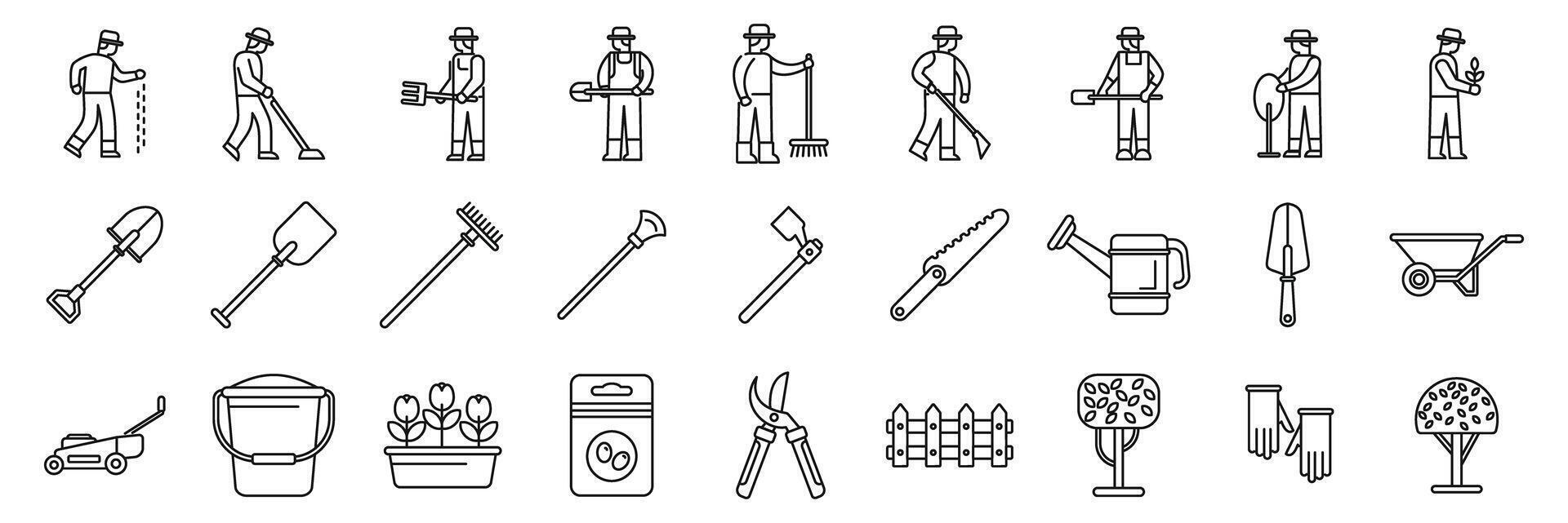 Lawn worker icons set. Gardeners planting and caring for trees and flowers with tools and equipment vector
