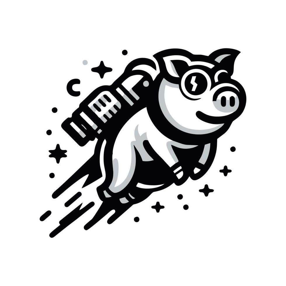 A black and white pig flying with a rocket vector