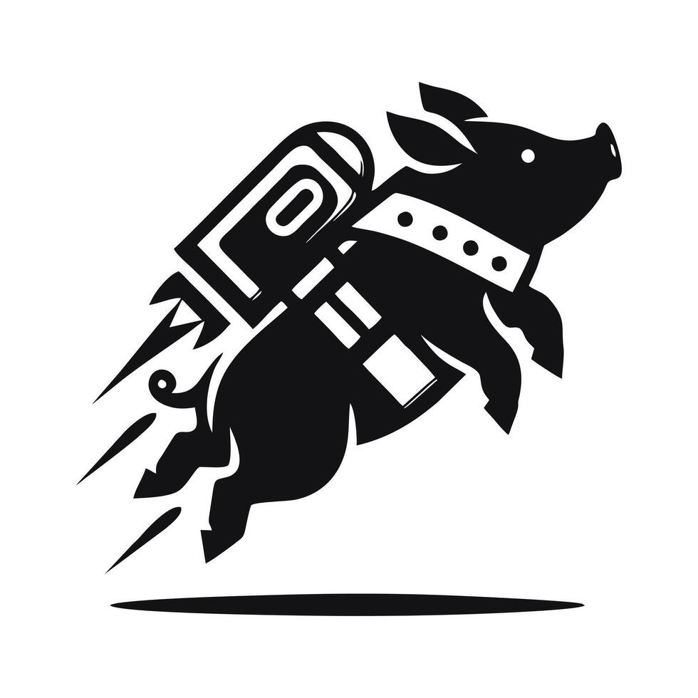 A black and white logo of a pig flying with a rocket vector