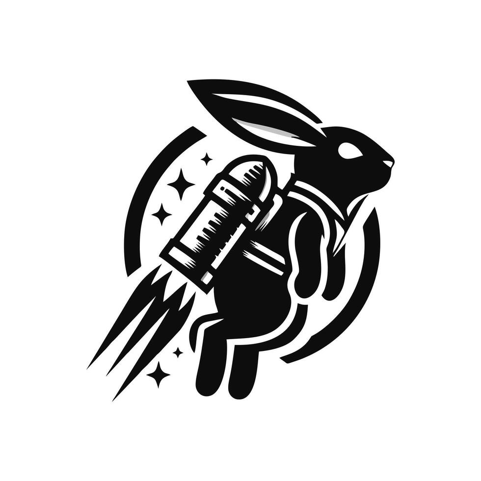 A black and white logo of a rabbit in space vector