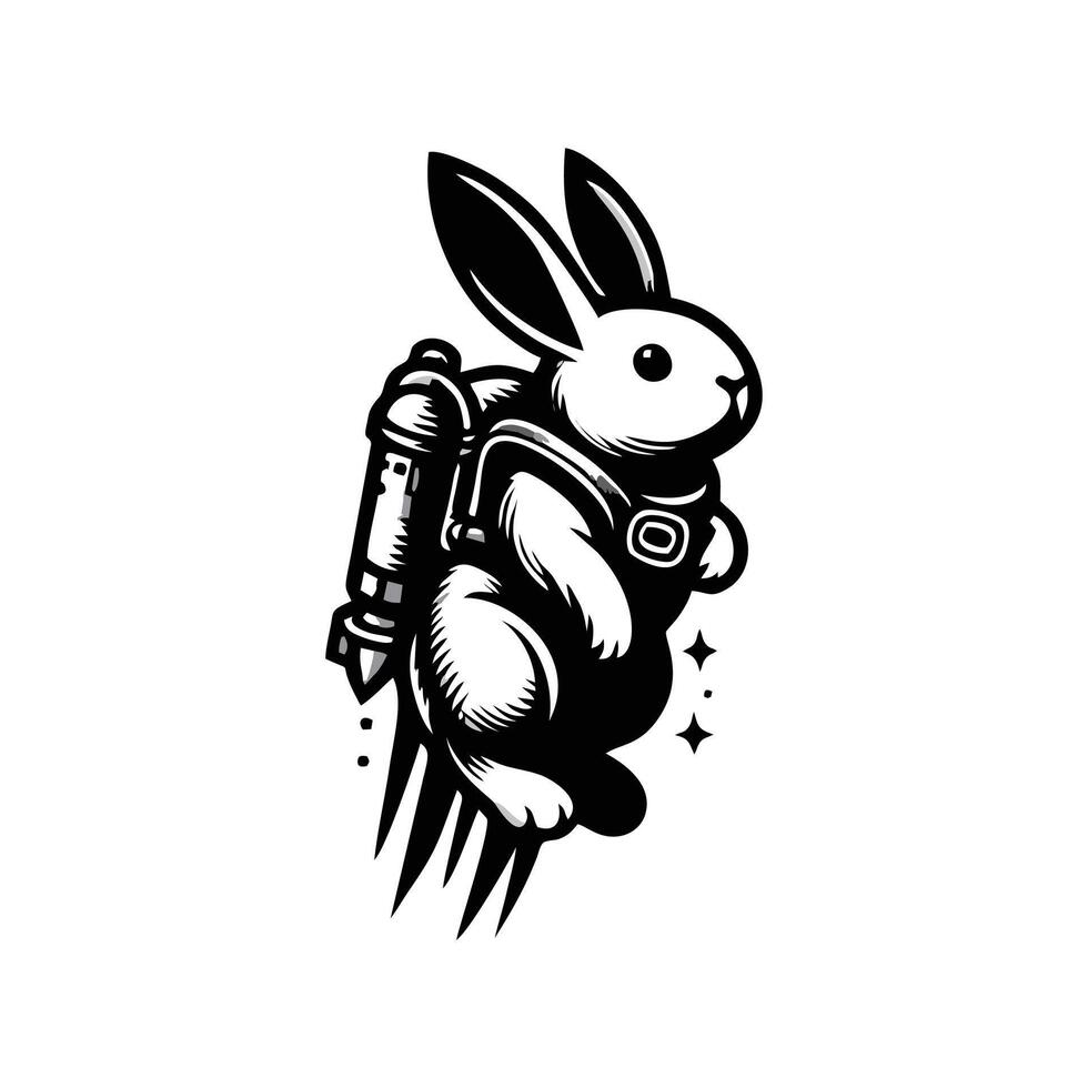 A black and white logo of a rabbit with a rocket vector
