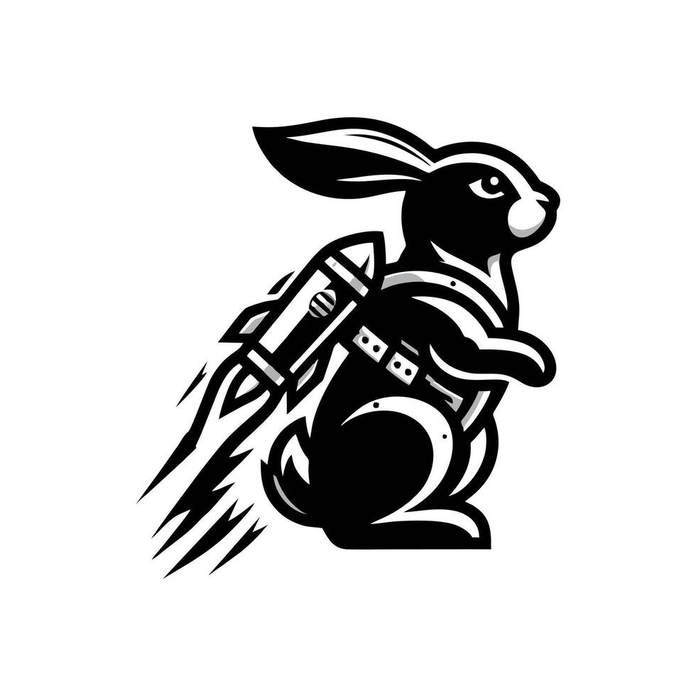 A black and white image of a rabbit with a rocket vector