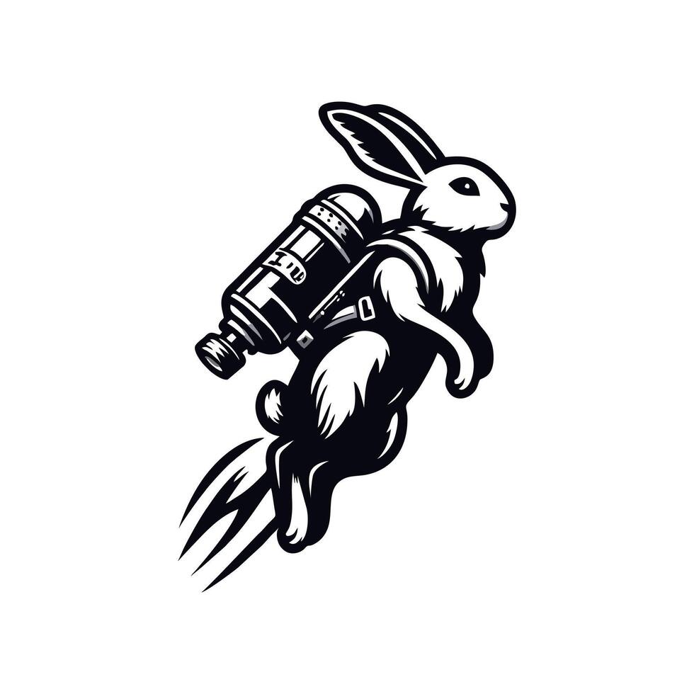 A black and white image of a rabbit with a rocket vector