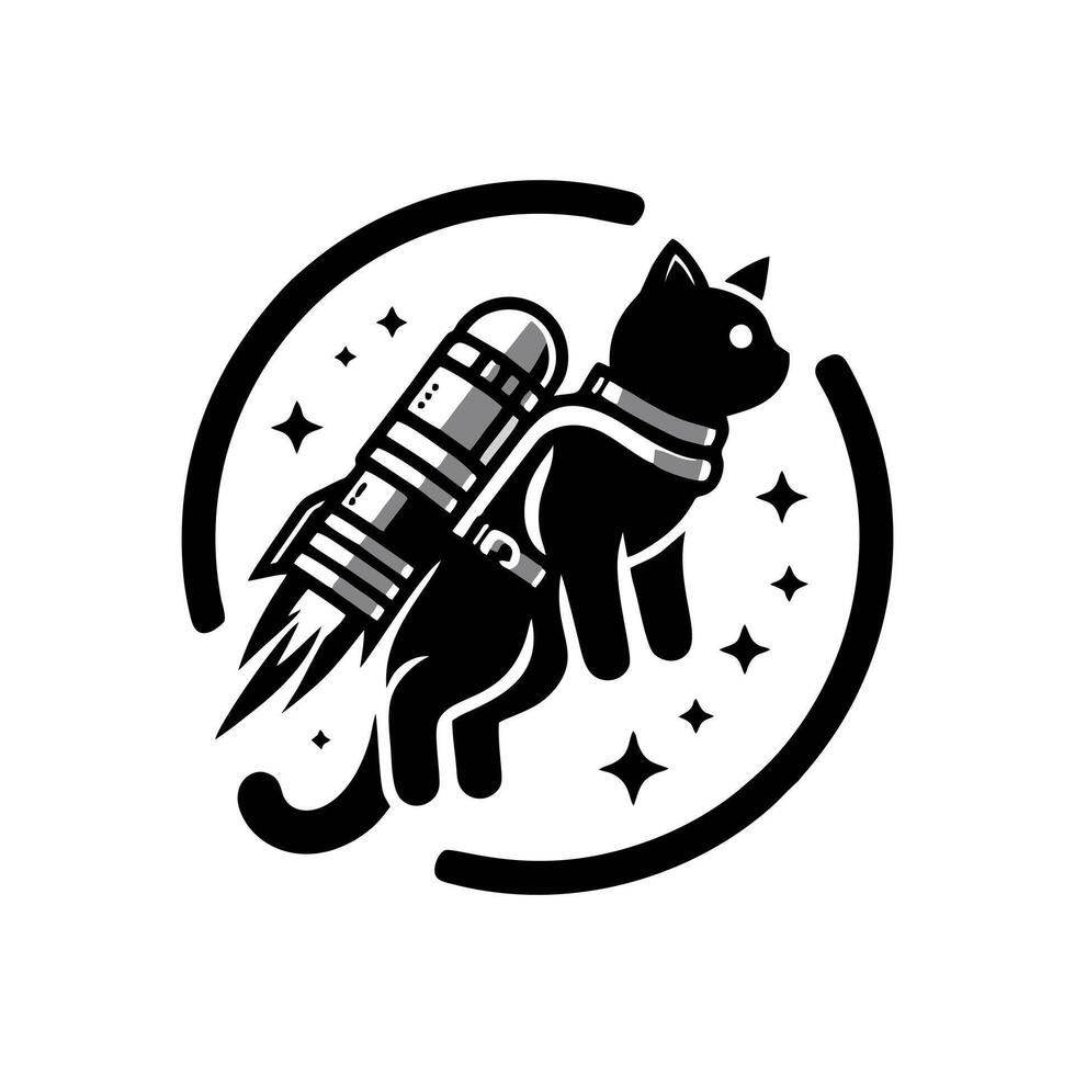 A black and white logo of a cat with a rocket vector