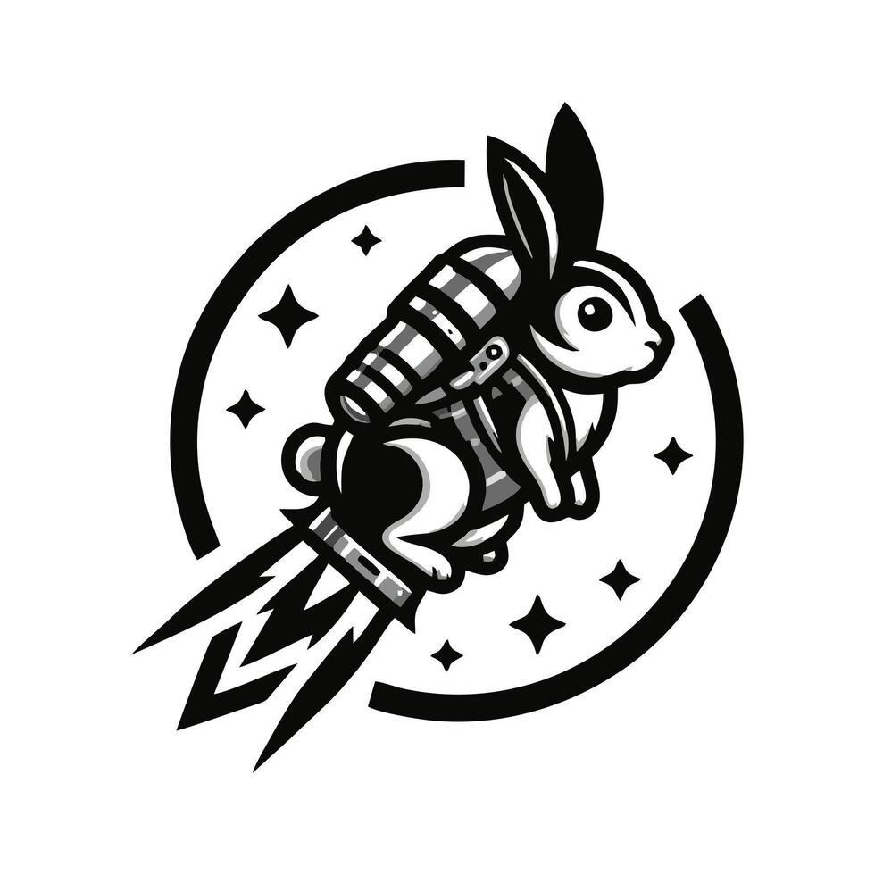 A black and white logo of a rabbit in a rocket vector