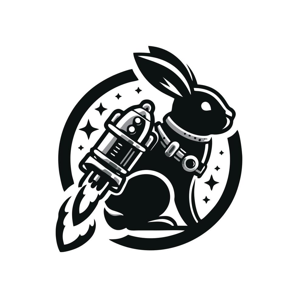 A black and white logo of a rabbit with a rocket vector