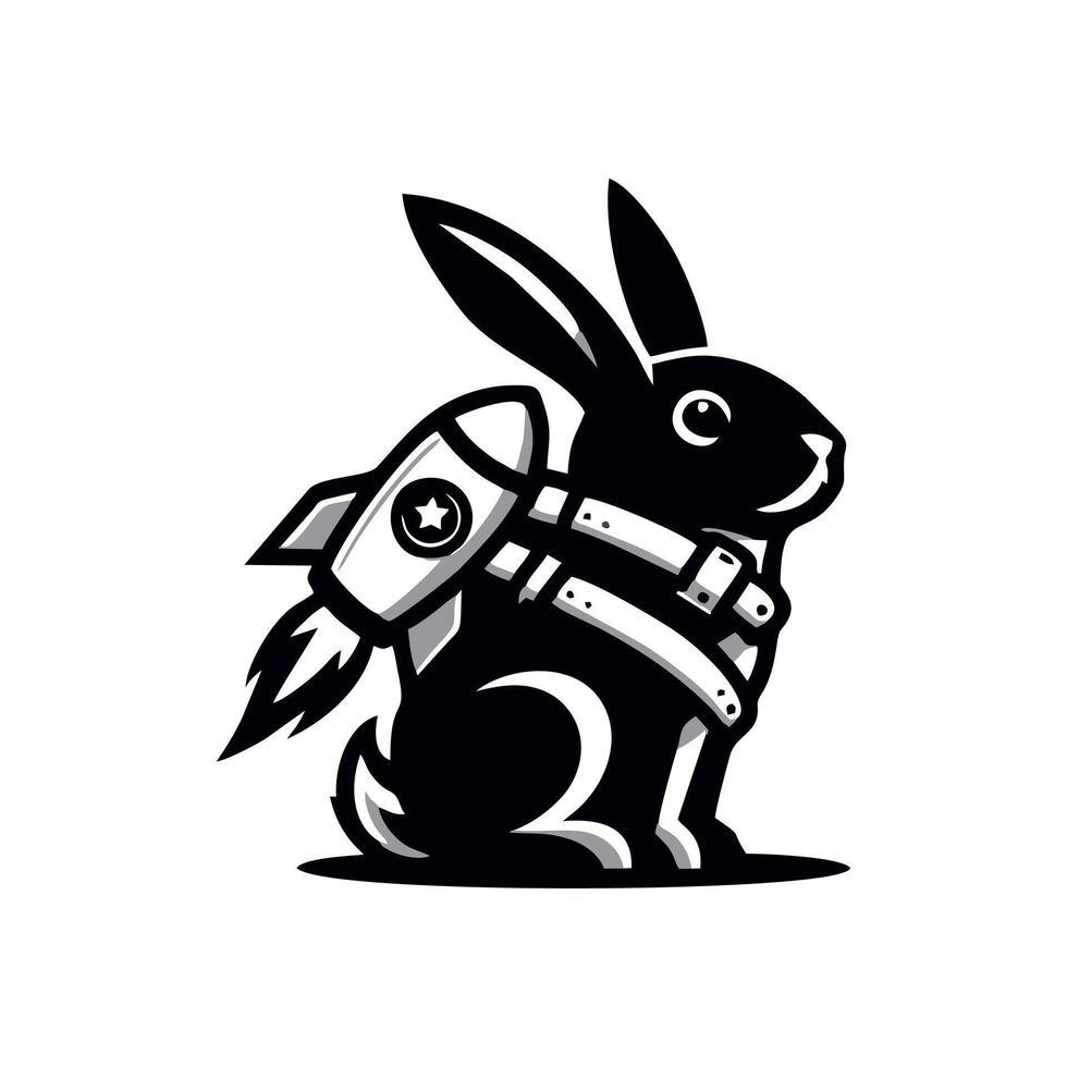 A black and white rabbit with a rocket strapped to its back vector