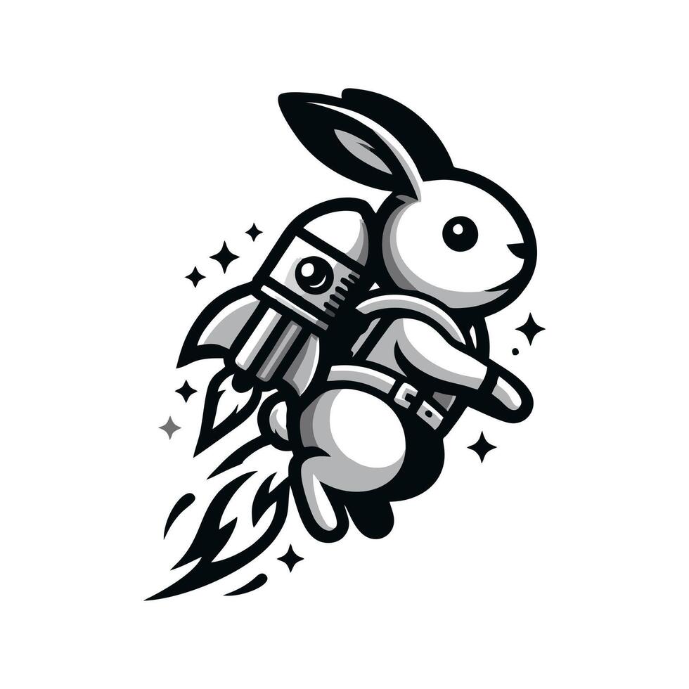 A black and white cartoon rabbit with a rocket vector