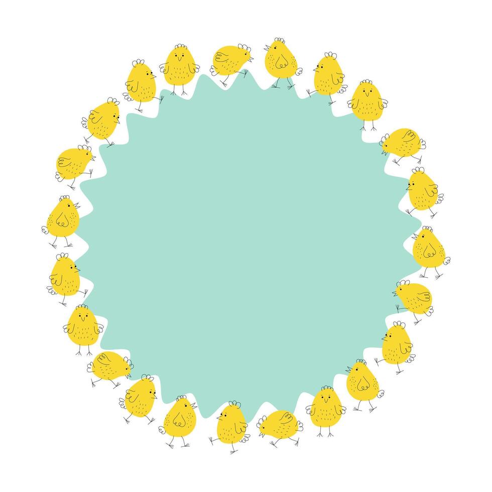 Chickens, round frame, border, funny colorful background. Easter design. Animals, doodle style drawings. Poultry. vector