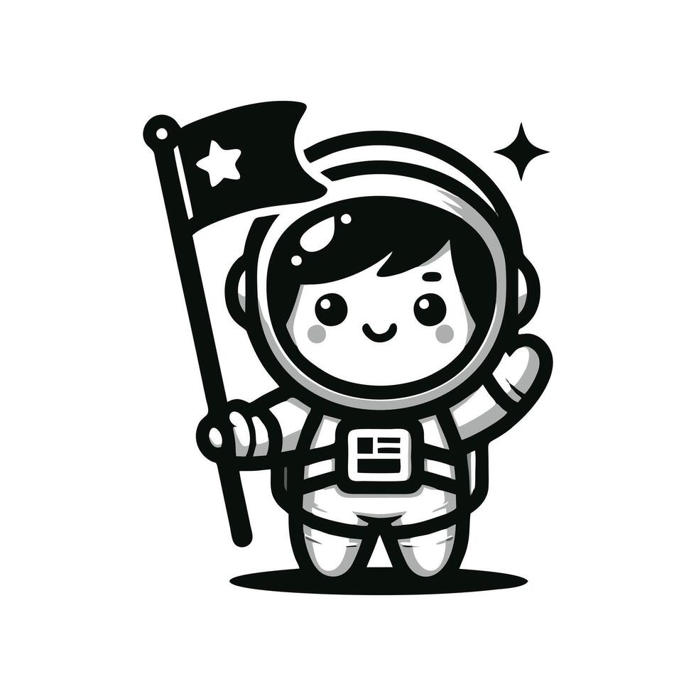 A black and white cartoon astronaut holding a flag vector