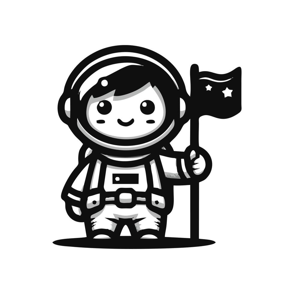 A black and white cartoon astronaut holding a flag vector
