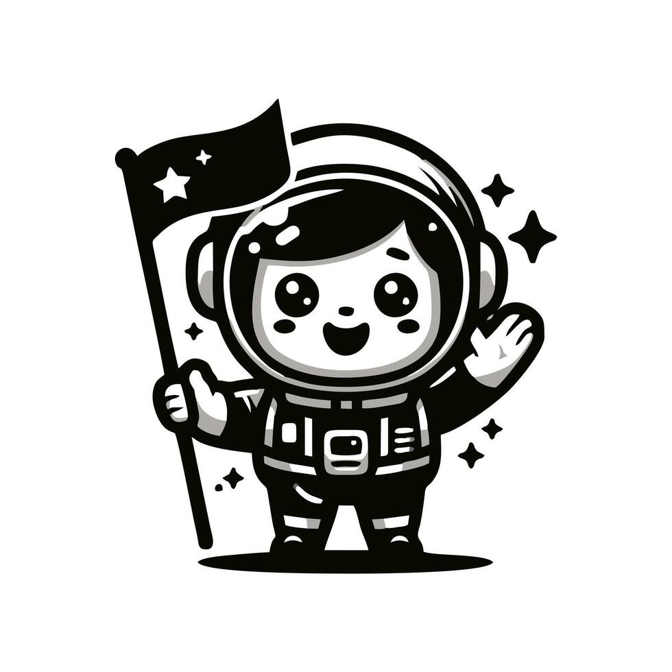 A black and white cartoon astronaut holding a flag vector