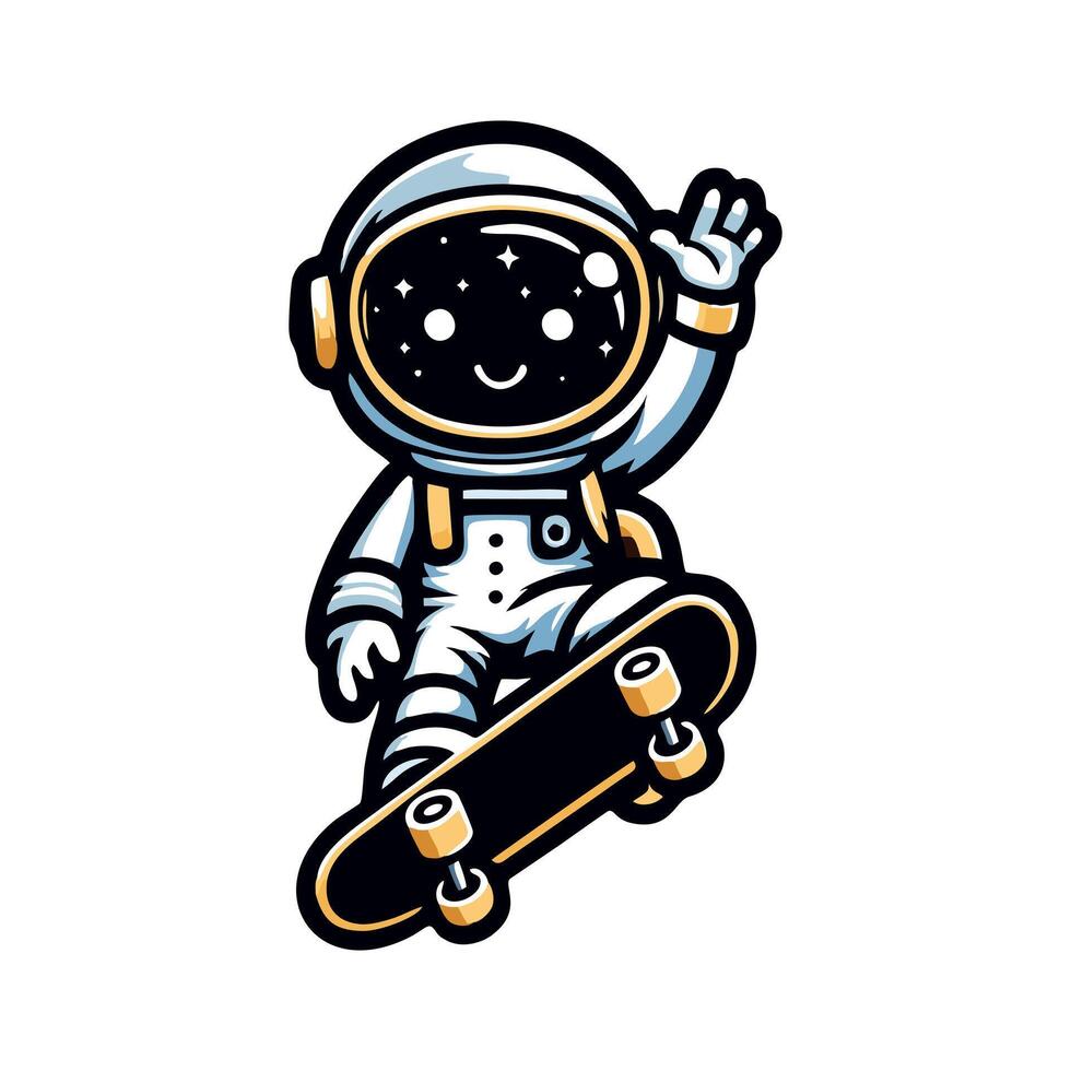 An astronaut on a skateboard with his hand up vector