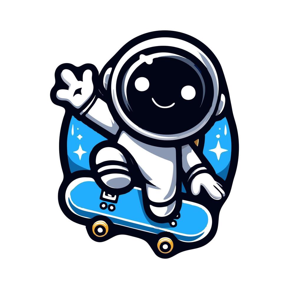 An astronaut on a skateboard with a hand up vector