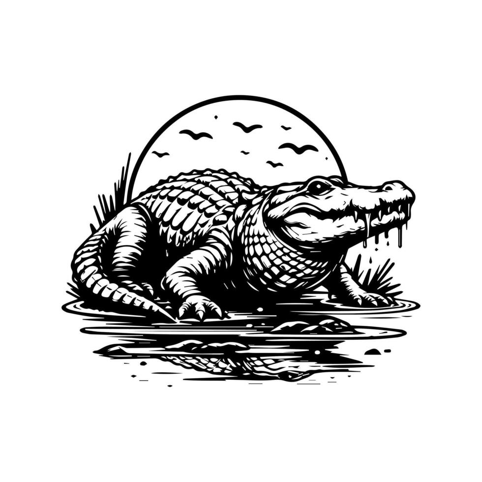 Alligator in the water with moon and stars illustration vector