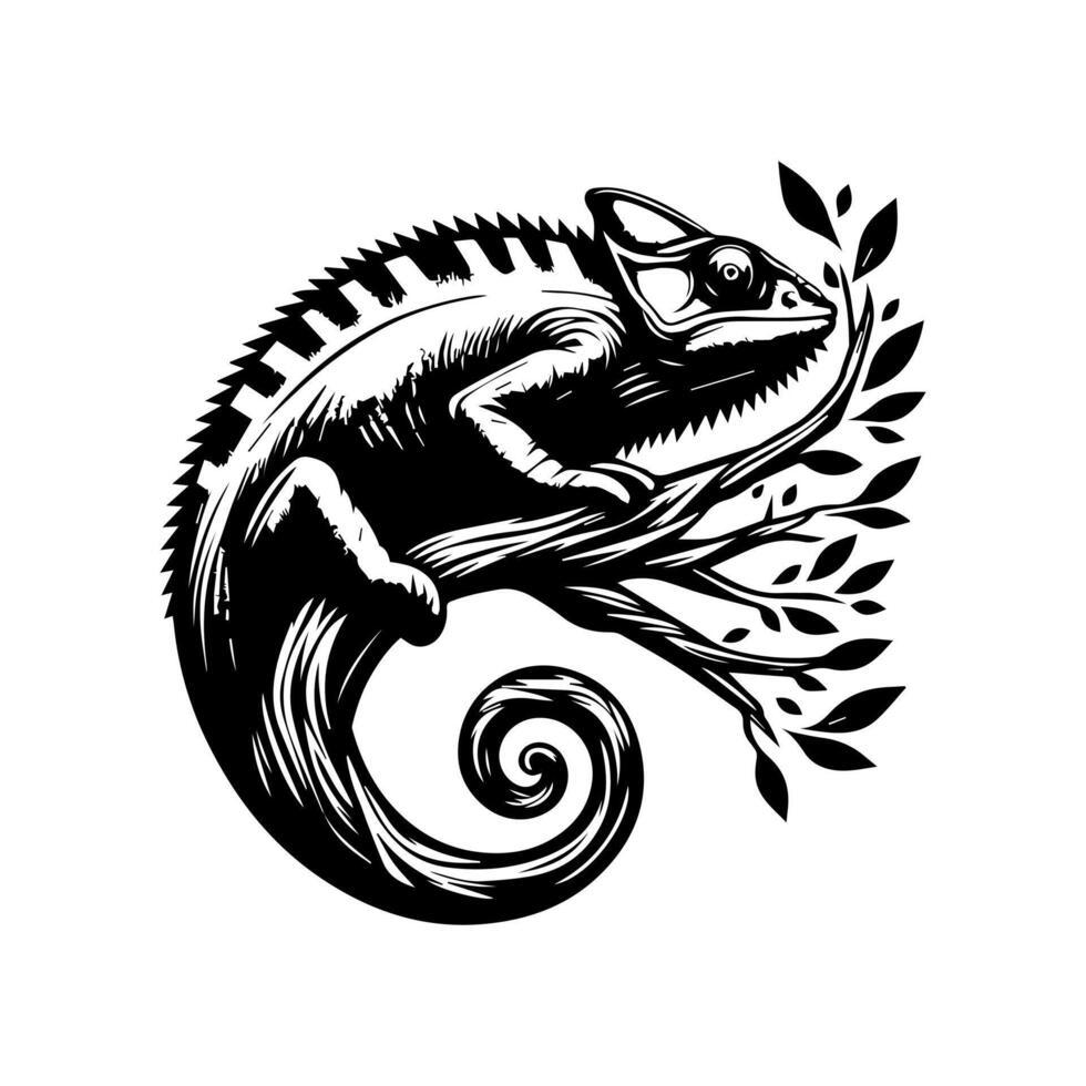 Chameleon on a branch with leaves vector