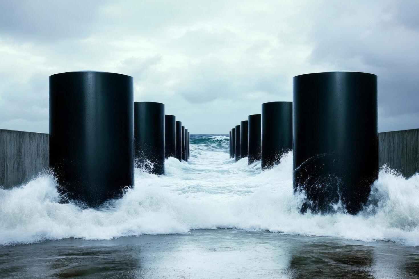 Rough ocean waves crashing against massive sea wall pillars, concept of coastal protection and environmental challenges, stormy weather scene photo