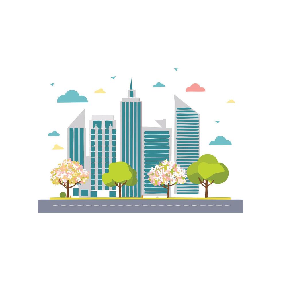 Simple Illustration City Streets with Blooming Trees vector