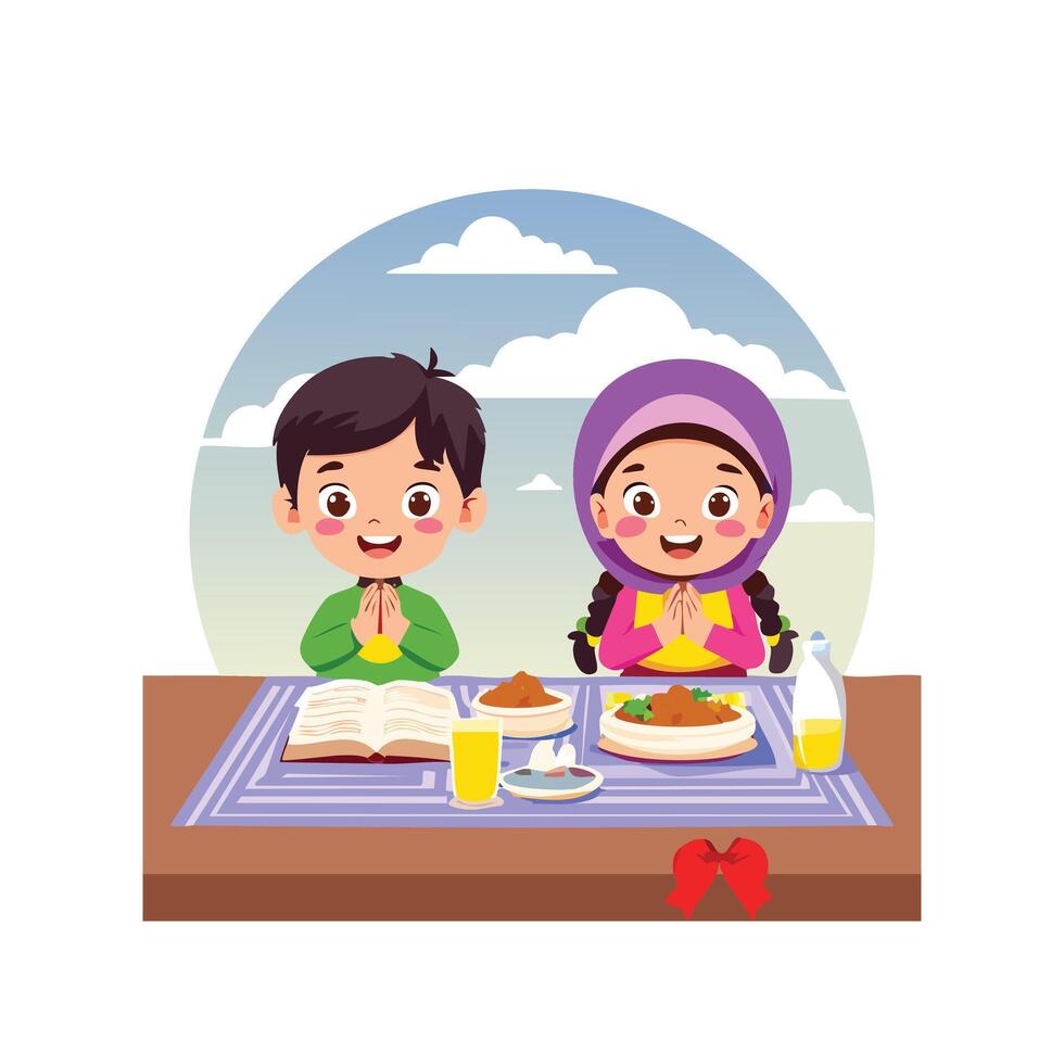 Simple Illustration Children reciting the dua before breaking fast vector