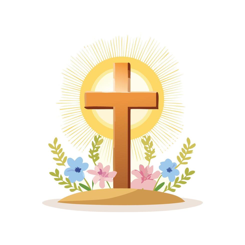 Simple Illustration Cross with Flowers and Sunlight vector