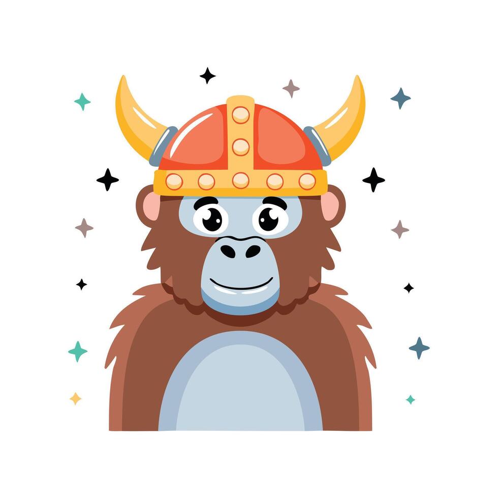 Simple Illustration Cute Gorilla with Viking Helmet vector