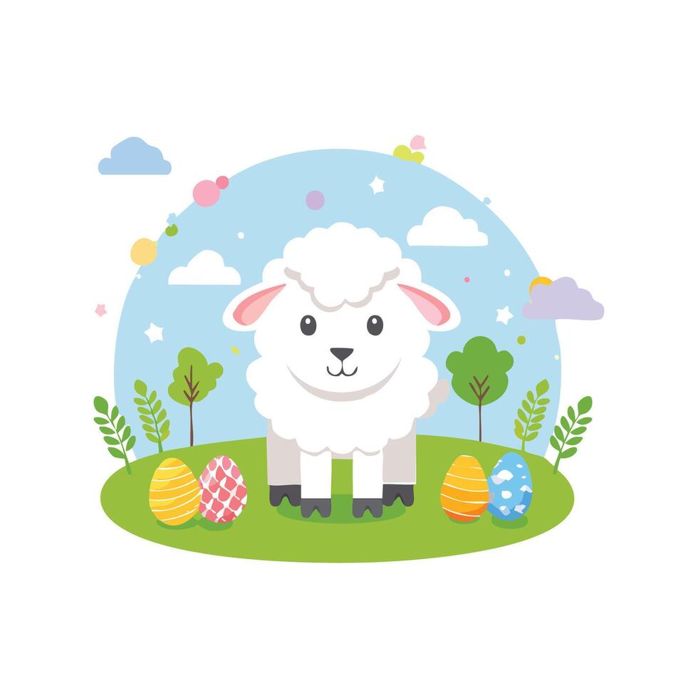 Simple Illustration Cute Lamb in a Meadow with Easter Decorations vector