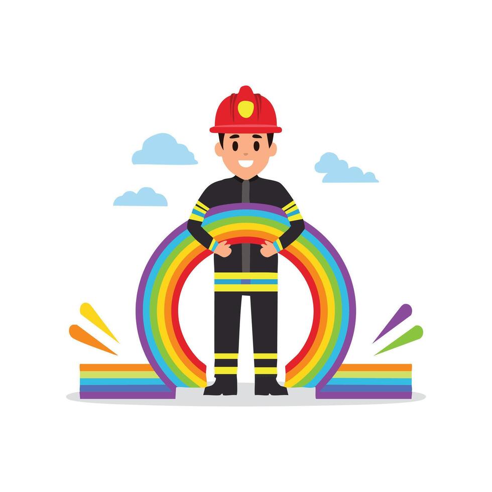 Firefighter with rainbow hose vector