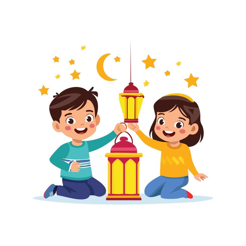 Kids playing with Ramadan lanterns vector