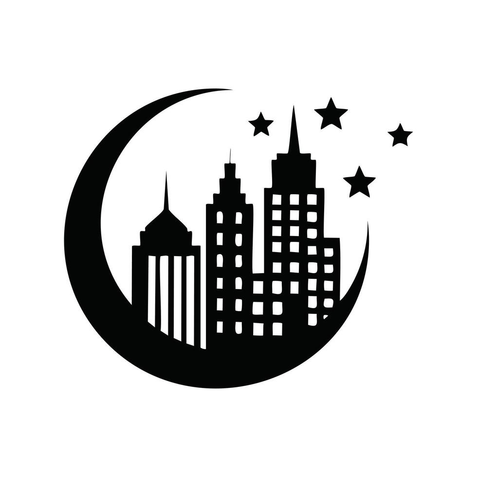 Silhouette of a city with a crescent moon stars vector